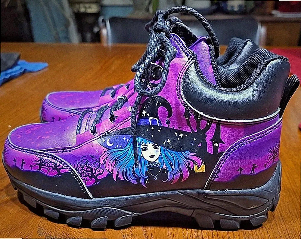 Vegan Leather Halloween Inspired Lace Up Walking Boot Size 6.5 Purple Witchy