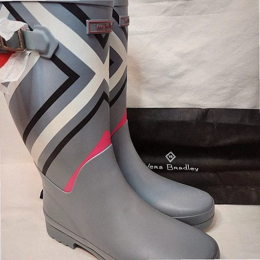Vera Bradley All Season Rain Boots 9 Northern Stripes Gray Pink Black White NWOT