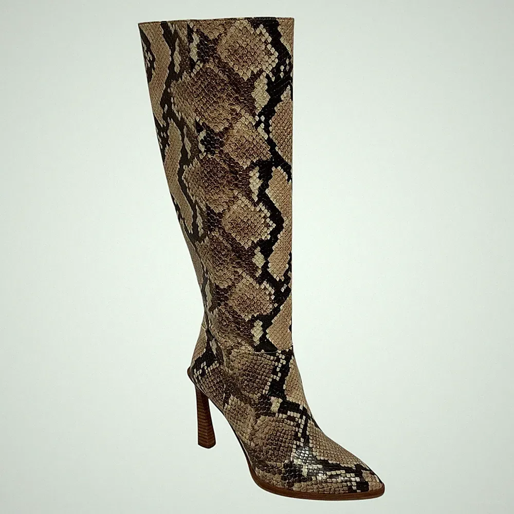 Vince Camuto Women's Brigitte Leather Stiletto Heel Boots Tan Snake Size 7 1/2