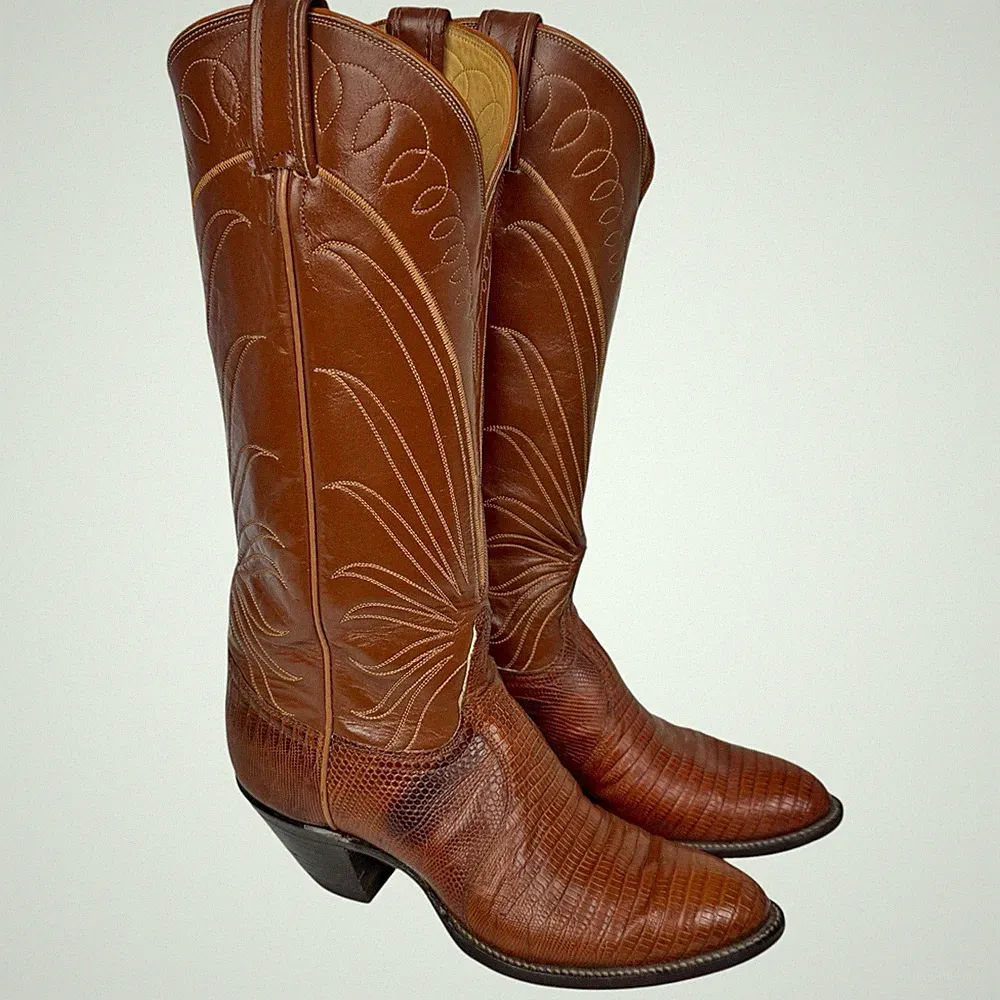 Vintage Tony Lama Boots Womens 6.5 Brown Teju Lizard Leather Cowboy Western USA