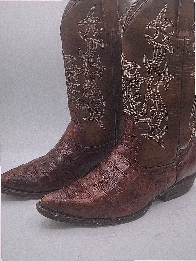 Vtg DENVER MOUNTAIN BOOTS camel tan croc alligator Western boots MX 27.5/ US 8.5