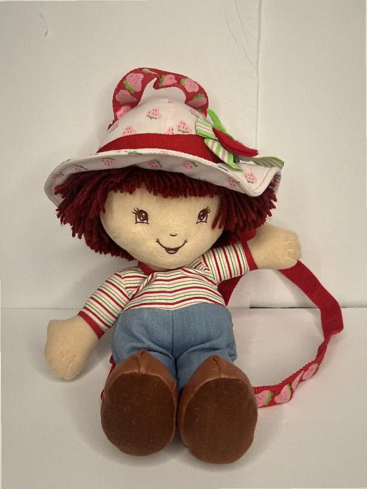 Vtg Strawberry Shortcake Backpack Plush Doll Jean Stripe Shirt Brown Boots
