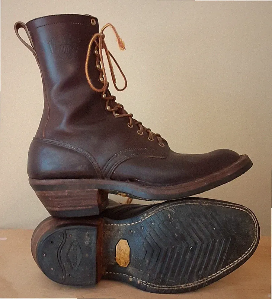 Vtg White's Packer Logger Boots 12.5A Brown Leather Vibram Soles Made in USA