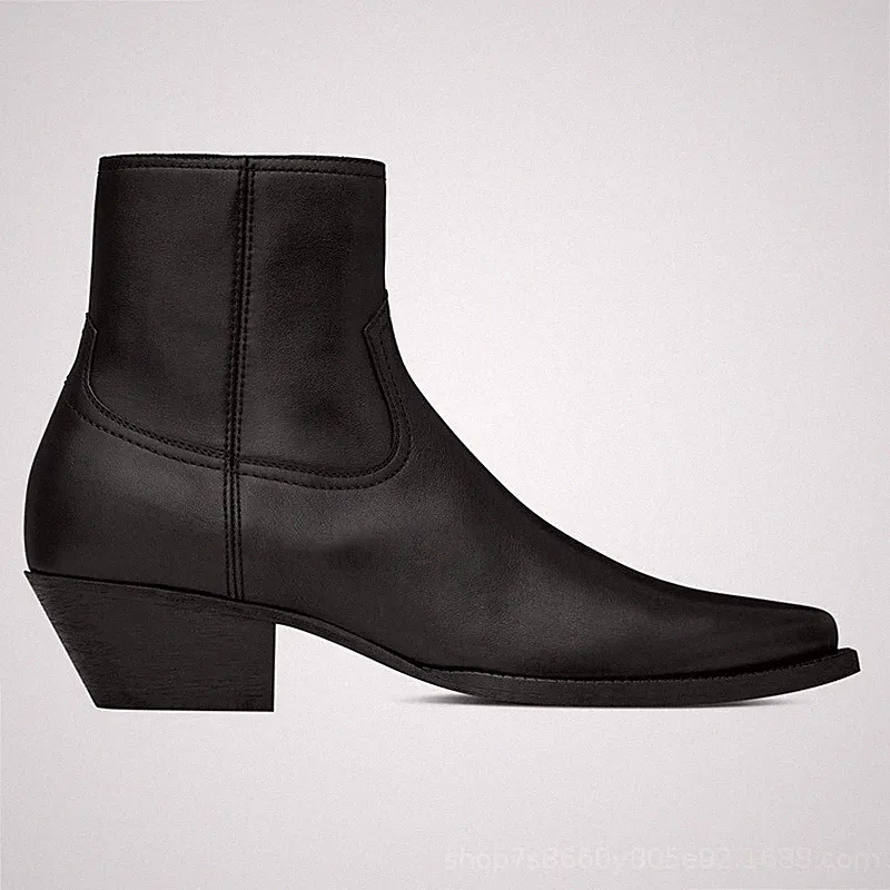 Western Mens Real Leather Pointed Toe Chelsea Ankle Boots Cuban Heel Zip British