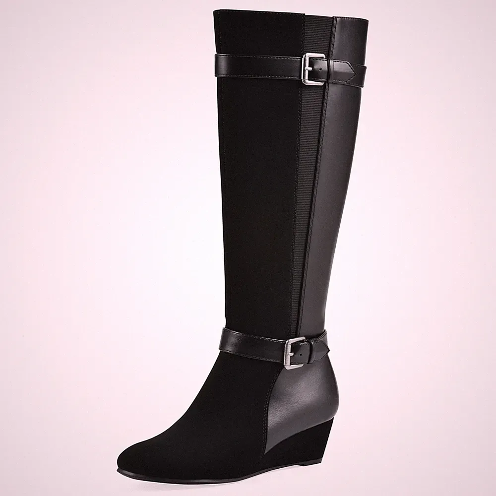 White Mountain Women's Cheers Wedge Tall Shaft Boot, Black, 6.5 WW