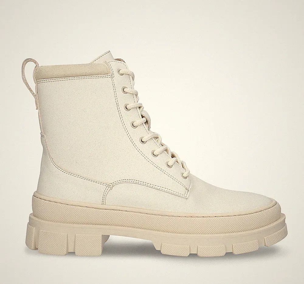White vegan boots women with zipper and laces collar padded apple skin ridged