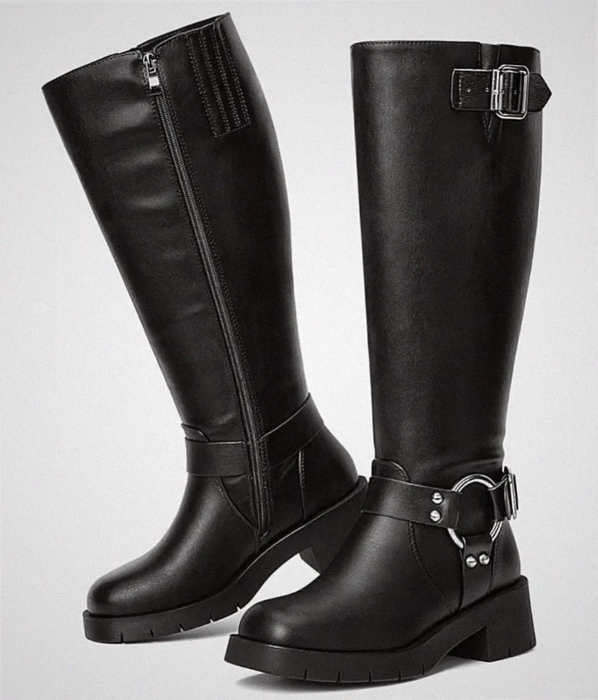 Wide Calf Knee High Motorcycle Boots Size 10 Black Chunky Heel