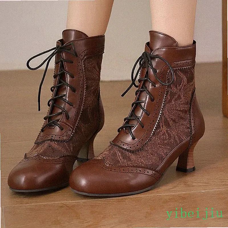 Winter Autumn Women's Lace Up Ankle Boots Flower Vintage Kitten Heel Shoes Ladys