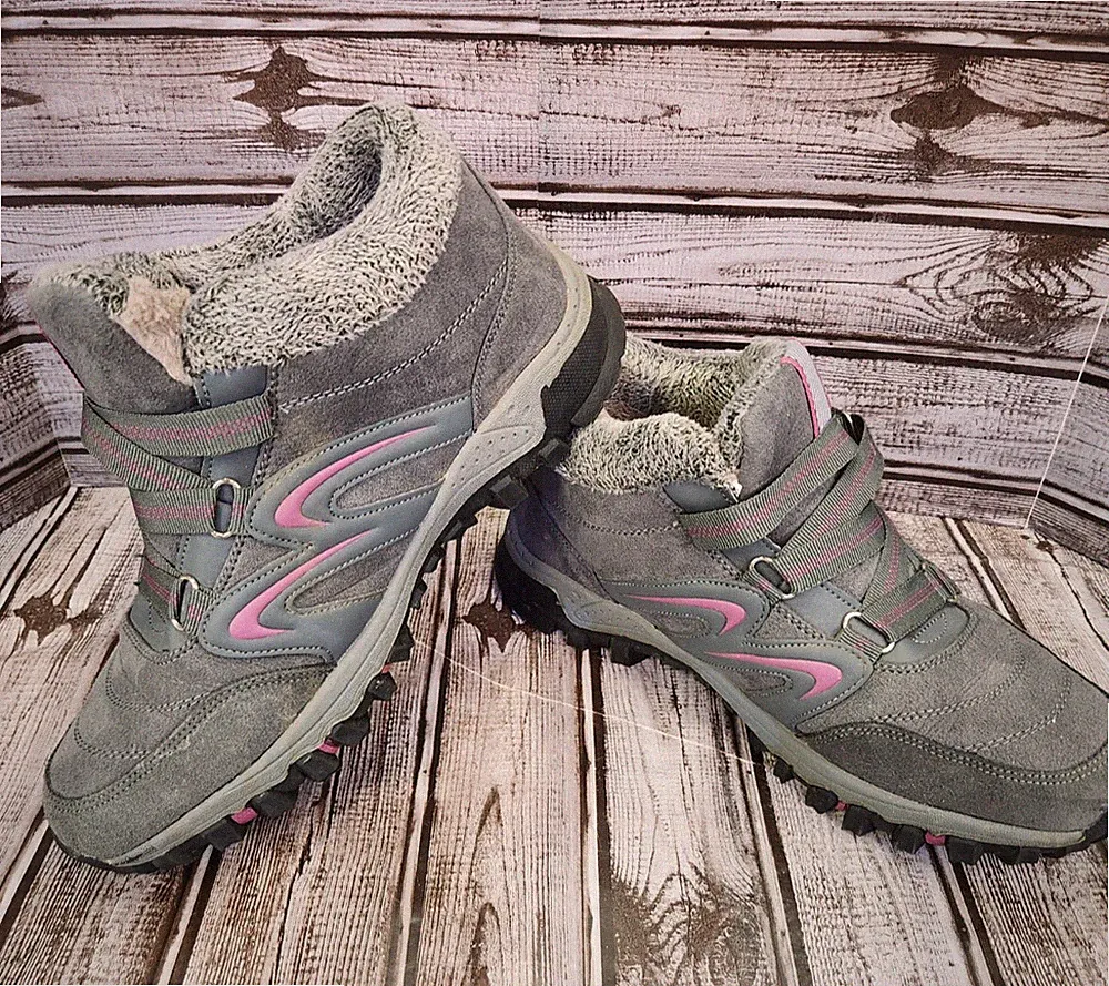 Winter Walking Snow Shoes Women 42 Hiking Faux Fur Lined Hook Loop Gray Pink