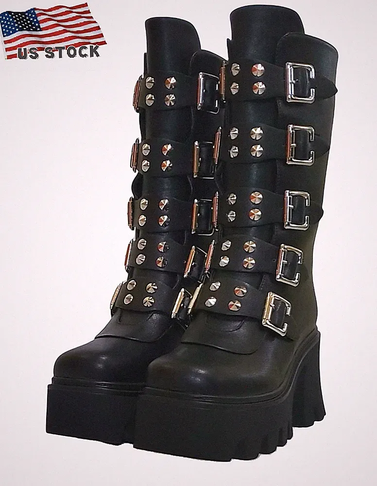 Women Black Gothic Platform Boots Vegan Combat Chunky Punk Studded Metal Buckle