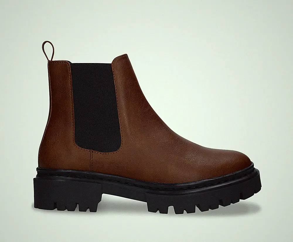 Women chelsea boots brown vegan leather ankle with plain toe confident style