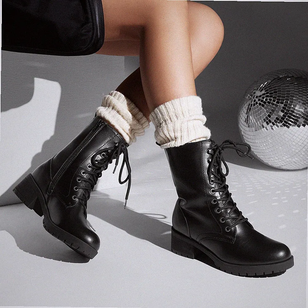 Women Combat Boots Mid-calf Military Winter Boots Round Toe Side Zipper Boots
