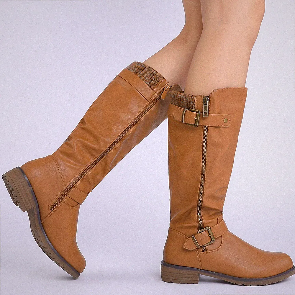 Women Combat Riding Boots Low Heel Side Zipper Knee High Boots