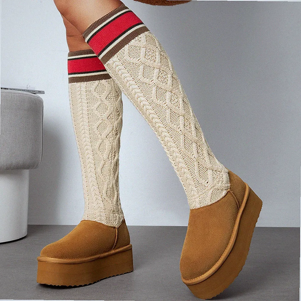 Women Cozy Fuzzy Snow Boots Knit Knee High Outdoor Indoor Comfort Snow Boots