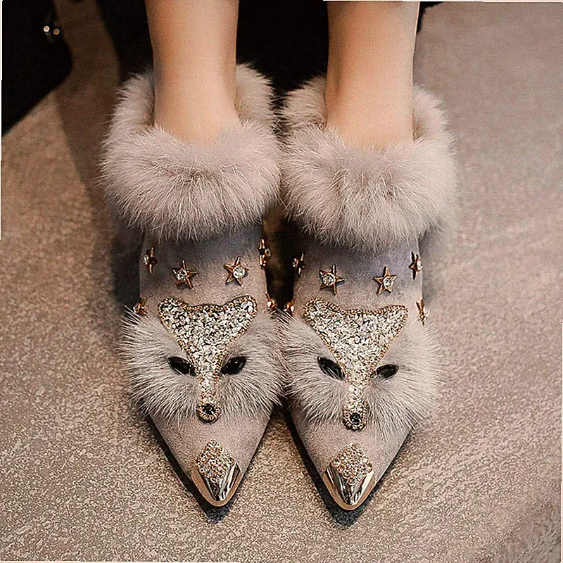 Women Faux Fur Snow Boots Autumn Pointed Toe Thick Heel Ankle Boots High Heels
