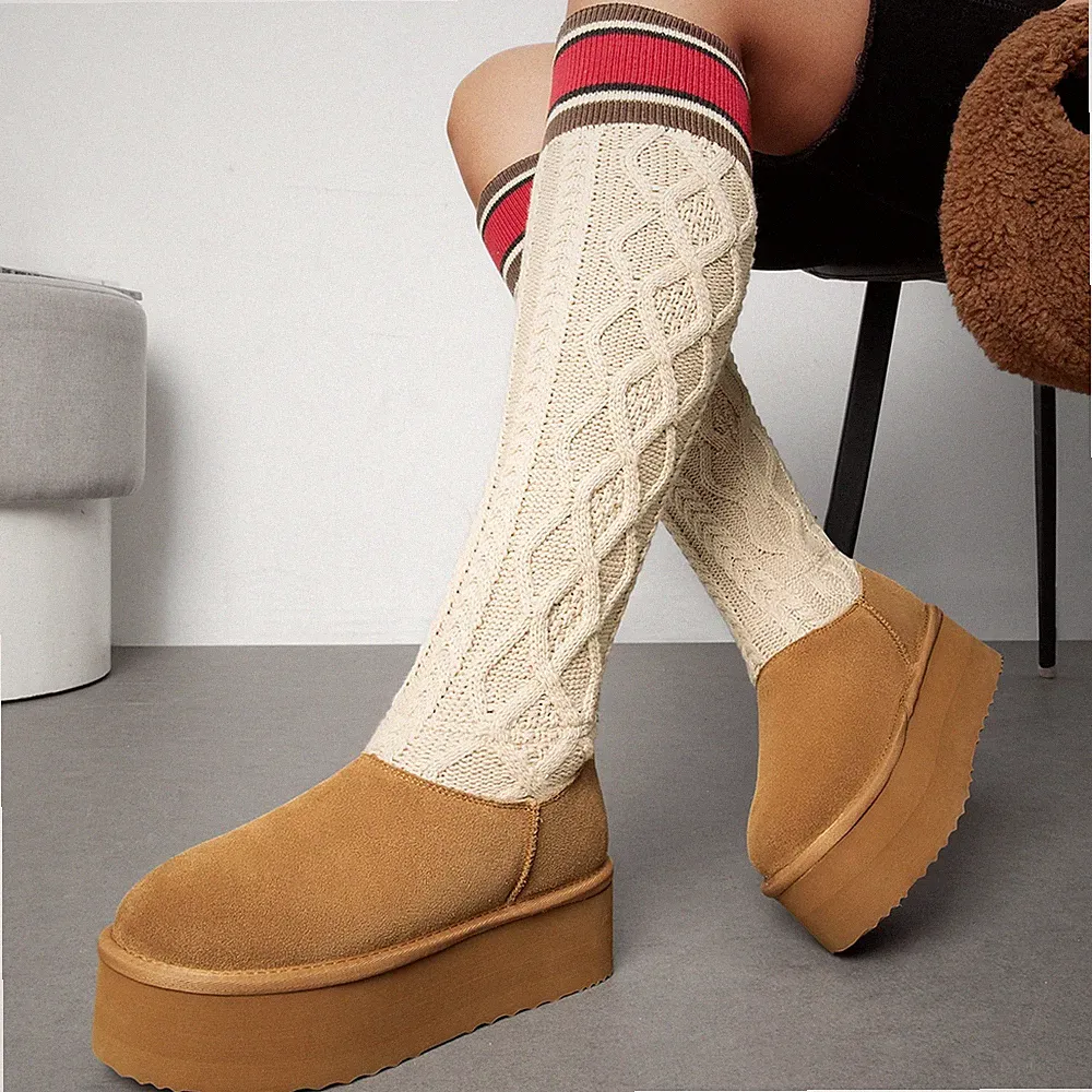 Women Fuzzy Snow Boots Knit Knee High Outdoor Indoor Comfort Snow Boots