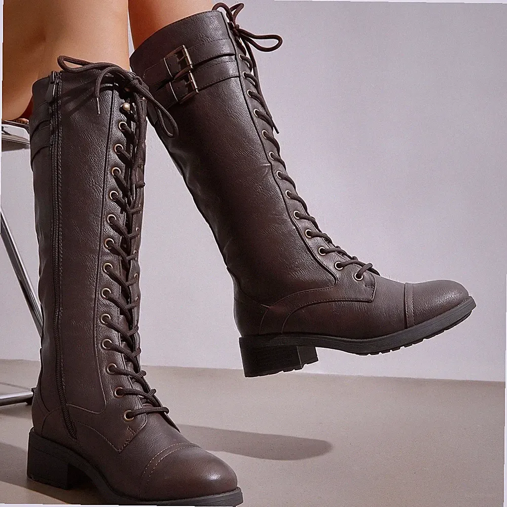 Women Knee High Boots Lace Up Low Heel Side Zipper Riding Combat Boots