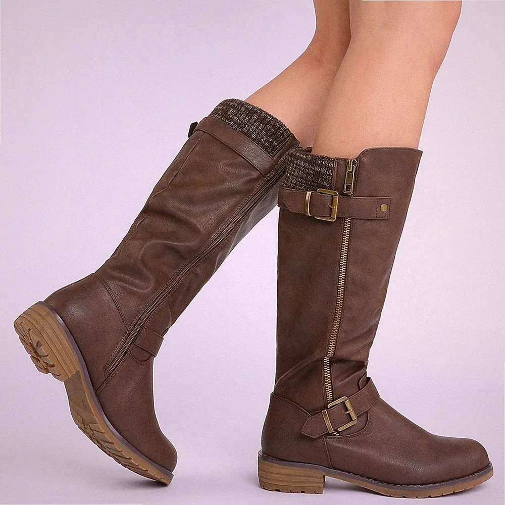 Women Knee High Boots Low Heel Side Zipper Combat Riding Boots