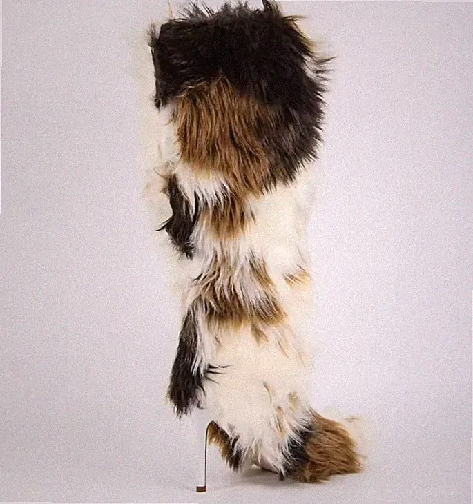 Women Knee High Boots Thin High Heel Furry Boots Faux Fur Fury Boots Winter Plus