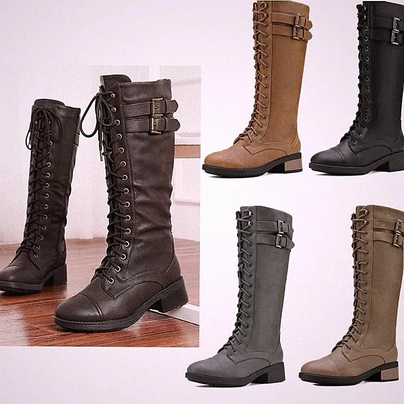Women Knee High Riding Boots Low Heel Lace Up Side Zipper Military Combat Boots