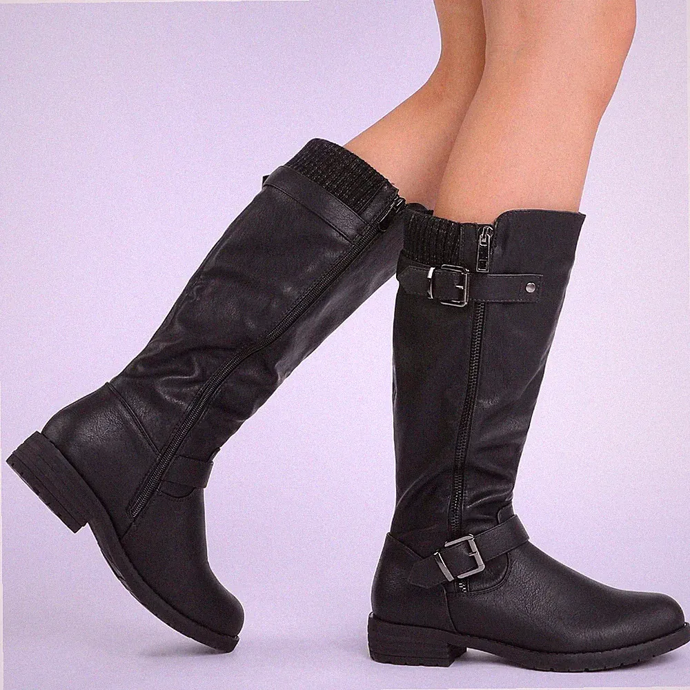 Women Low Heel Round Toe Knee High Side Zipper Combat Riding Boots