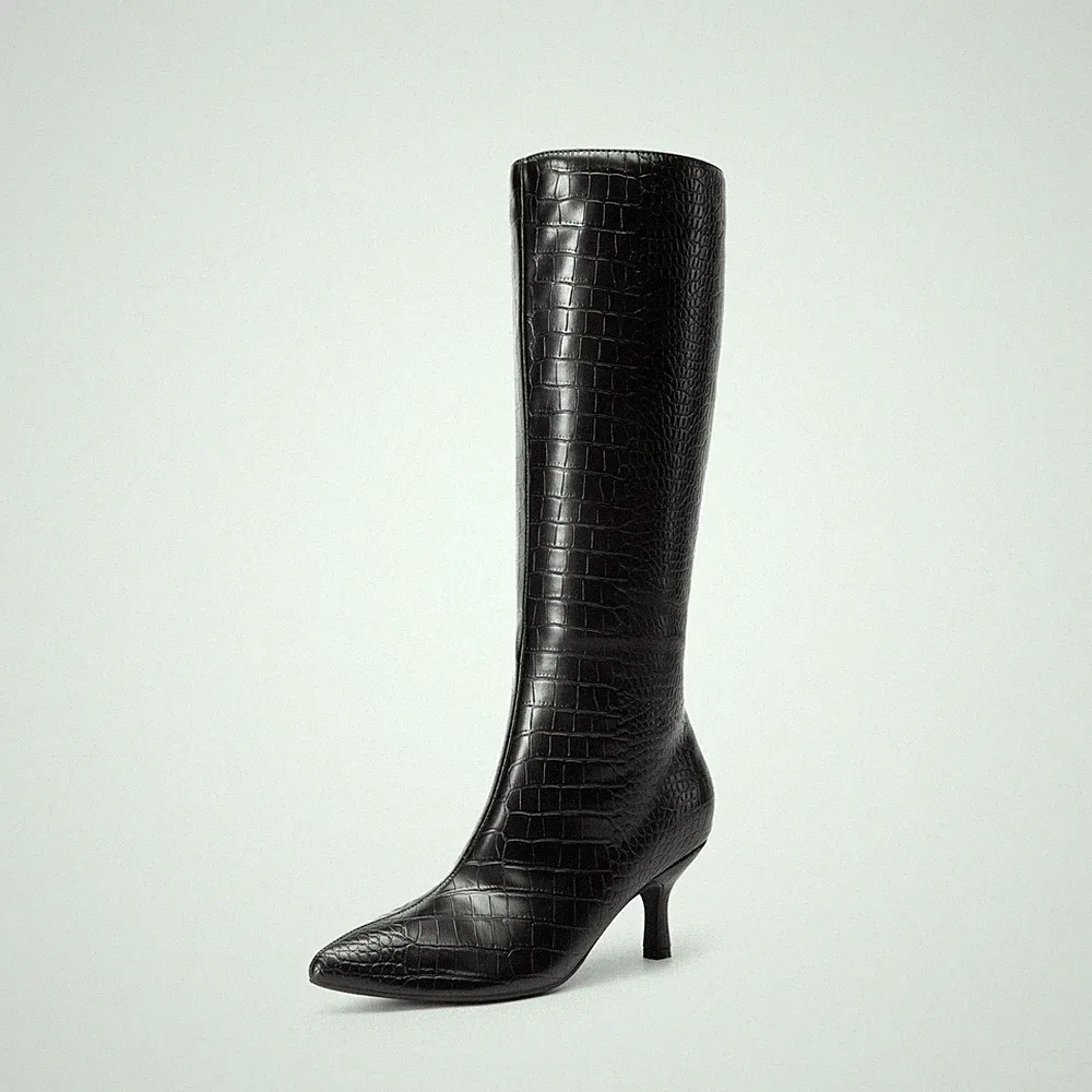 Women Low Kitten Heel Pointed Toe Pull On Wide Calf Knee High Boots