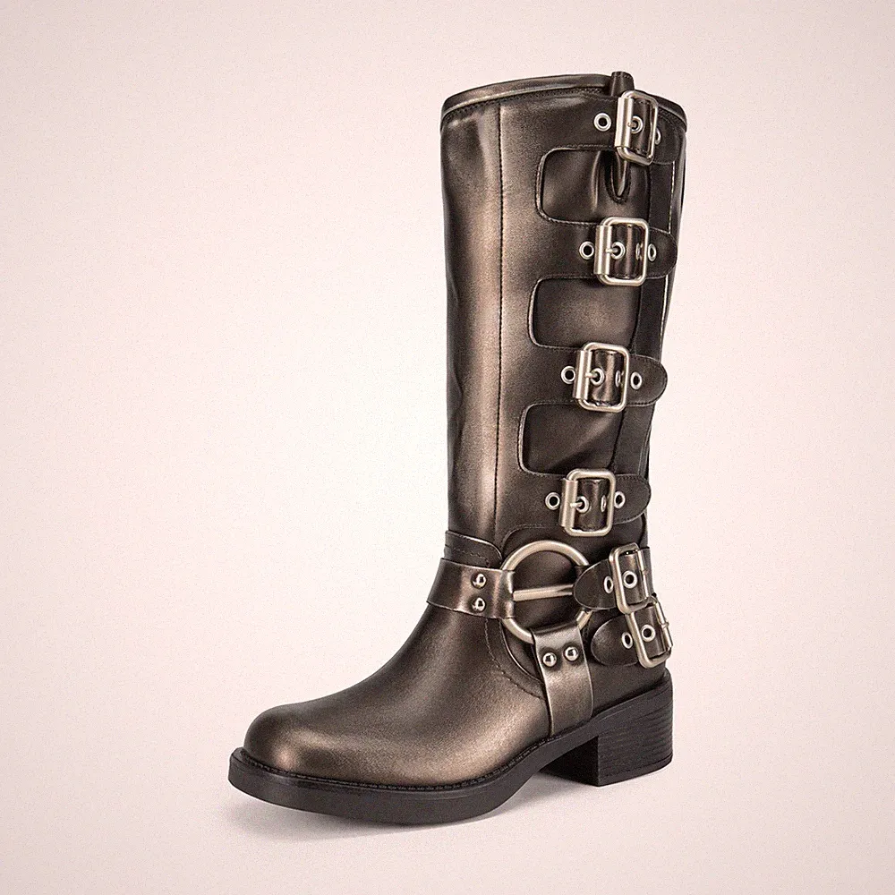 Women Knee High Riding Boots Slip On Motorcycle Boots Square Toe Biker Boots
