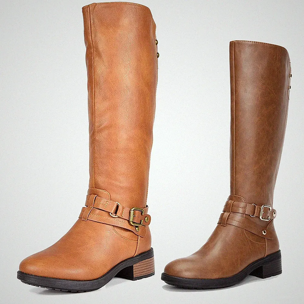Women Motorcycle Knee High Boots Low Heel Round Toe Faux Fur Lined Riding Boots