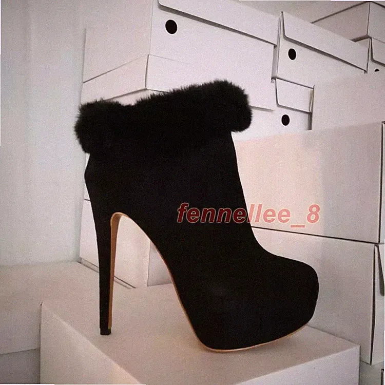 Women Occident Fur Trim Snow Ankle Boots Suede Platform High Heel Stiletto Shoes
