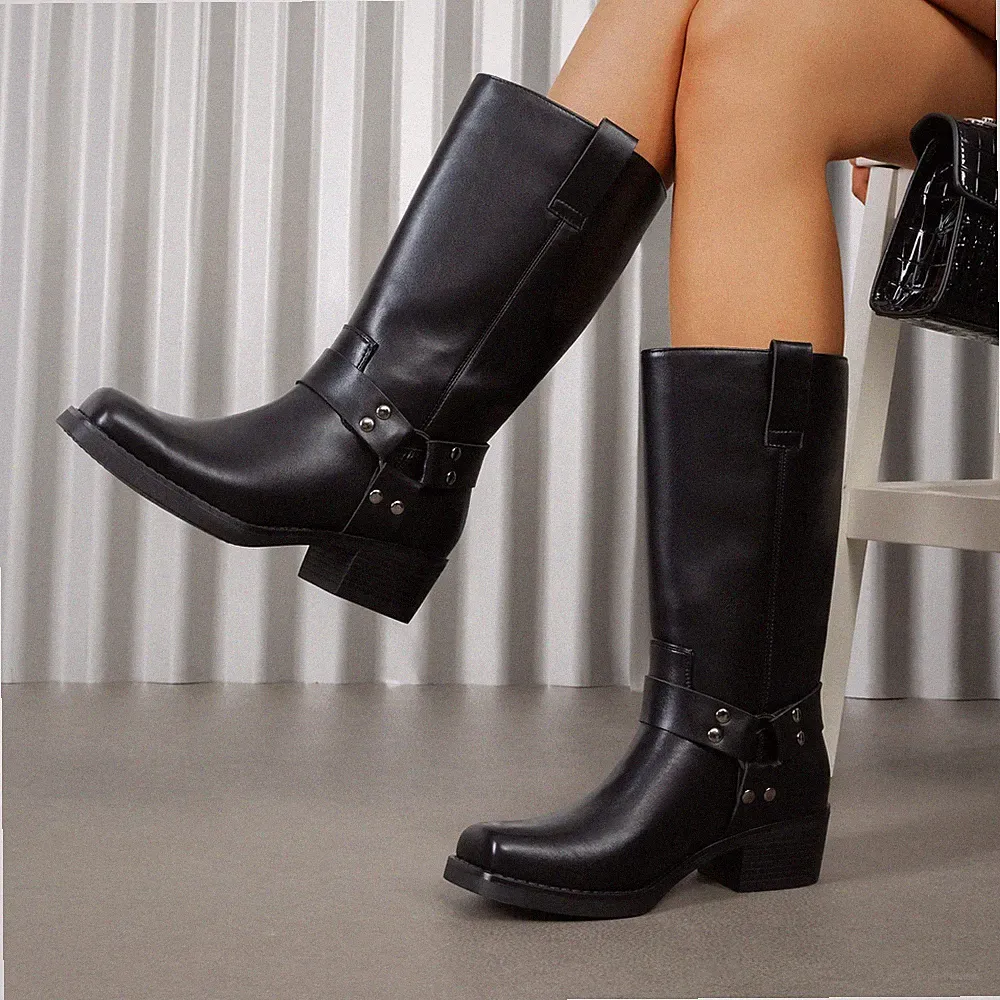 Women Punk Cowgirl Pull On PU Leather Mid Calf Boots Retro Motorcycle Boots