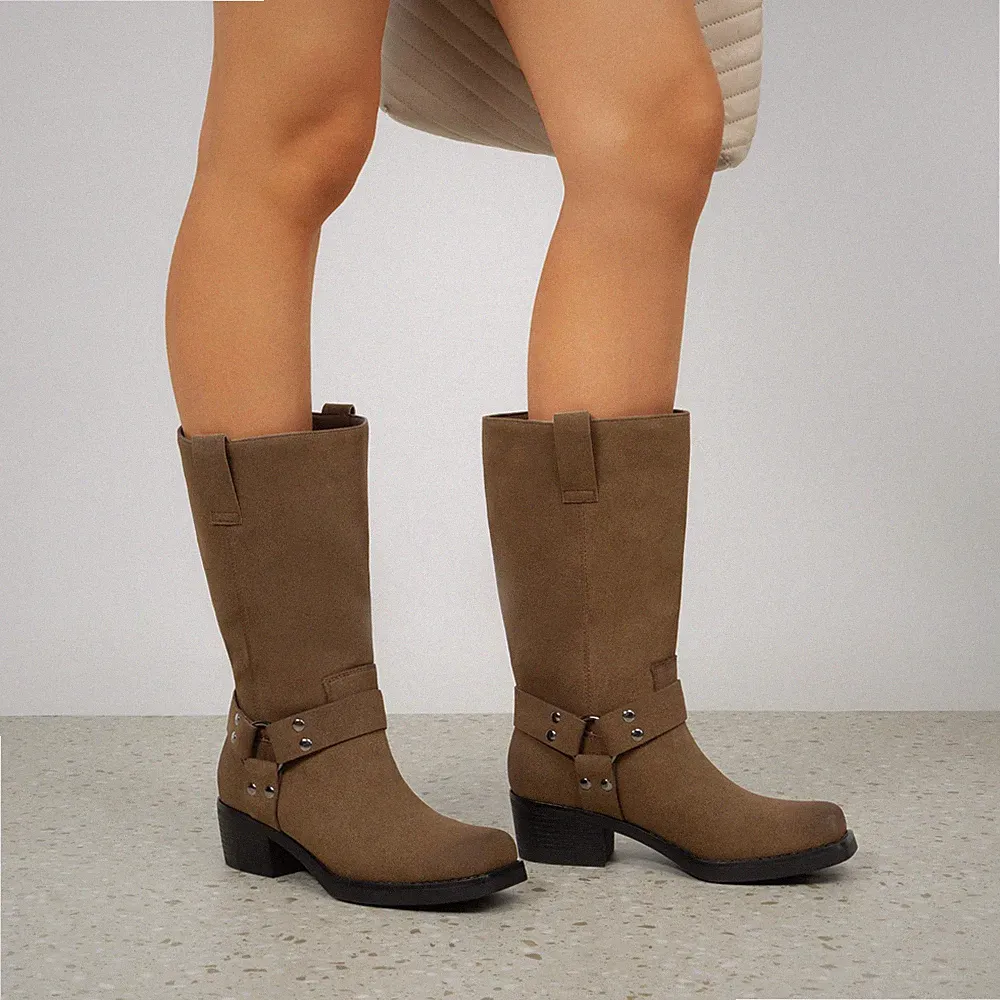 Women Retro Motorcycle Street Punk Boots Pu Leather Pull On Mid Calf Boots