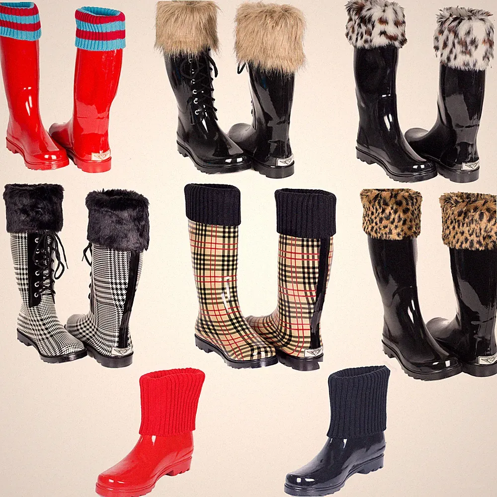 Women Rubber Rain Boots - Flat Mid-Calf Snow Boots, Knit & Faux Fur Mock Cuff
