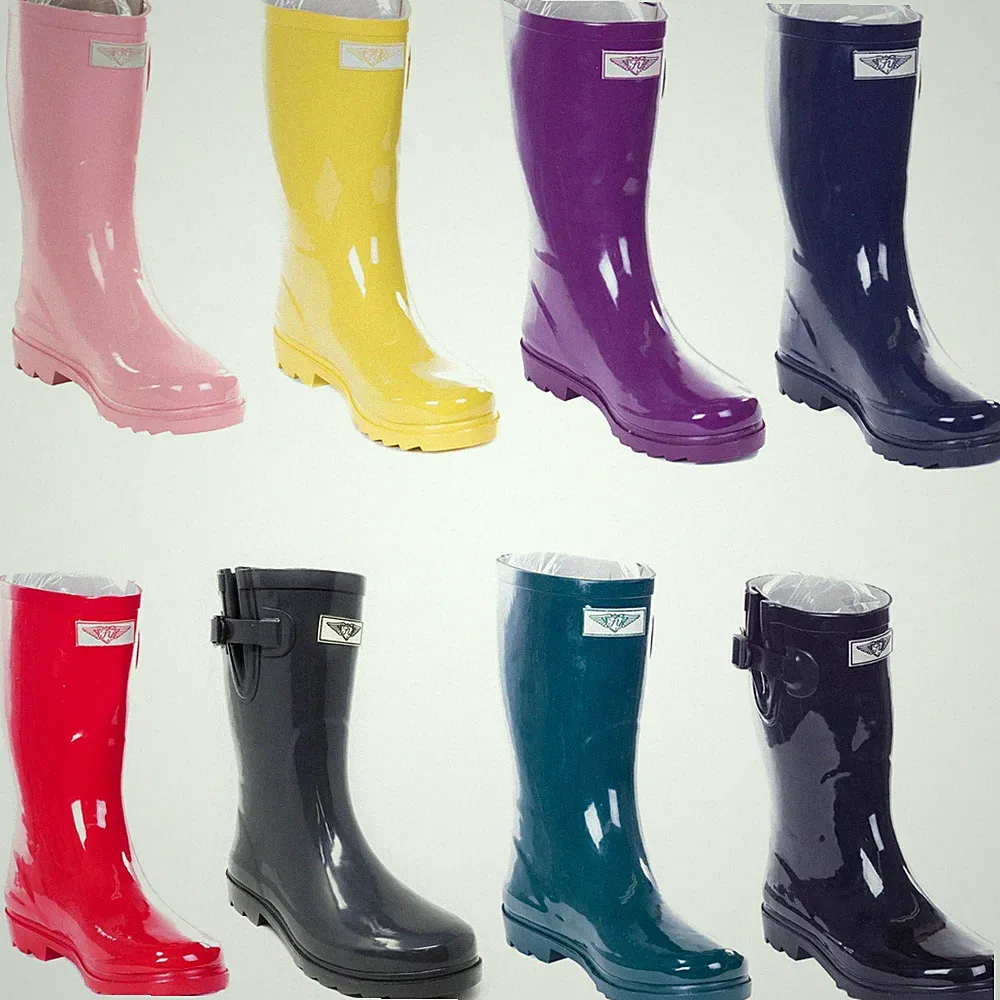 Women Rubber Rain Boots Mid-Calf 11" Pull-On Waterproof Solid Boots, COLORS