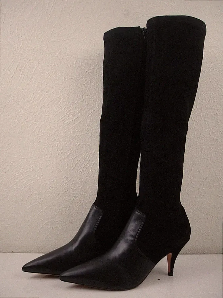 Women's 8 M Tory Burch Georgina Black Suede Leather Knee High Heel Boots Zipper