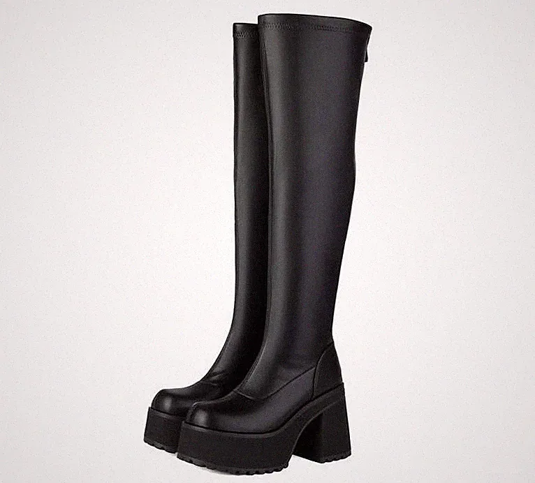 Women's Back Zip Faux Leather Platform Over The Knee Boots Ladies Casual Shoes