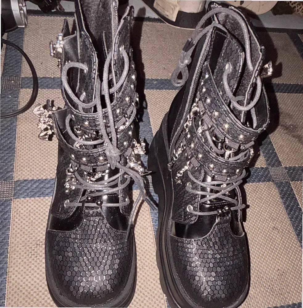 Women’s Black Combat Ankle Boots Lace-Up Side Zipper Strap Animal Print