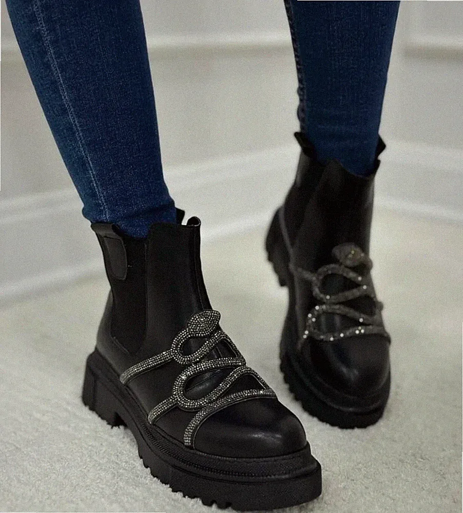 Women's Black Rhinestone Snake Fashion Combat Boots