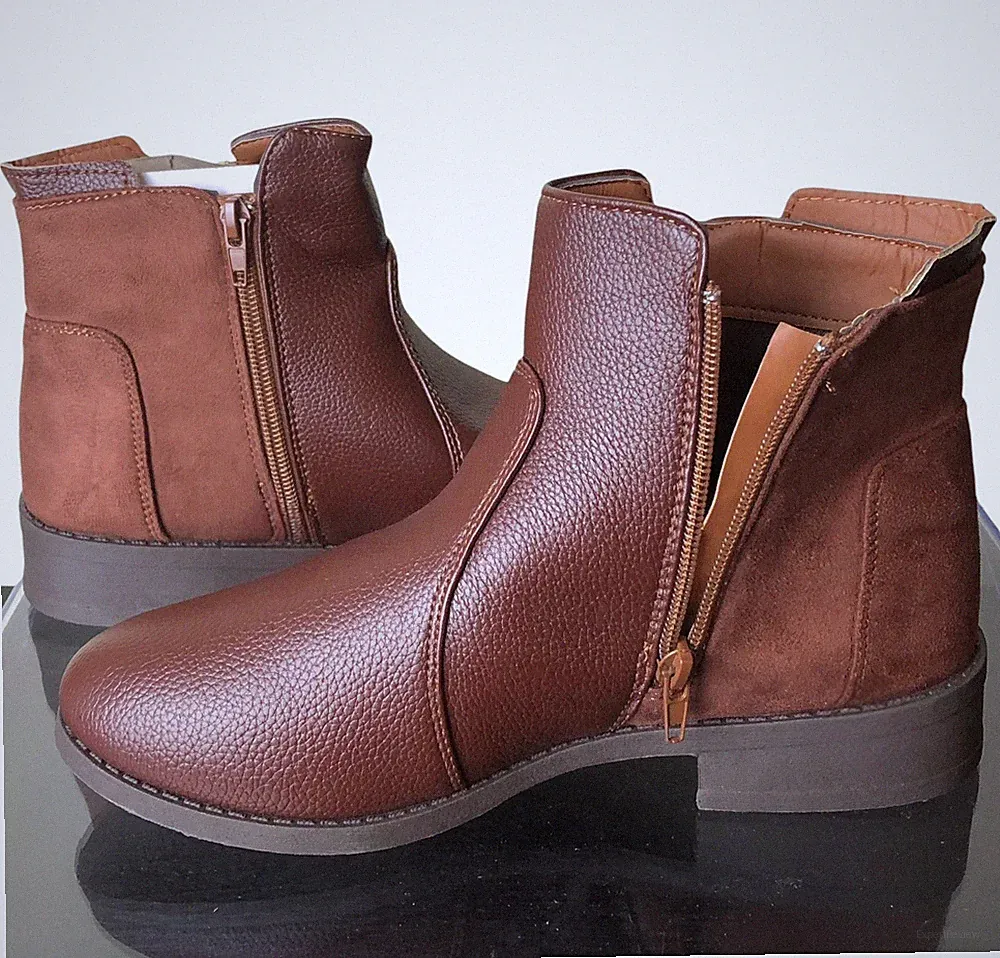 Women’s Brown Ankle Boots Side Zip Faux Leather & Suede Fall Booties Size 7 NEW