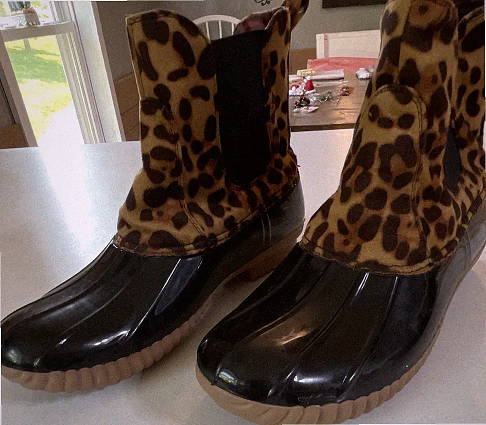 Women's Chelsea Ankle Duck Rain Boots Black/Tan Leopard Print Slip On US 8