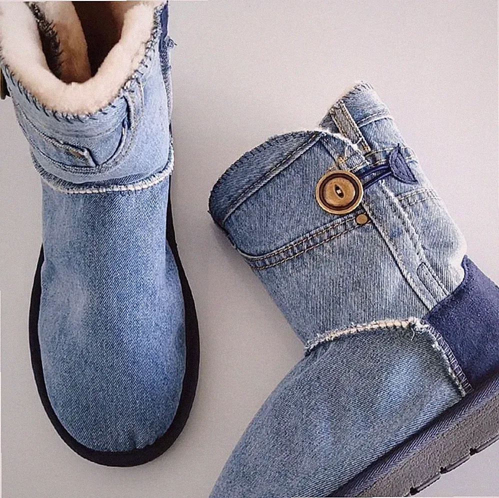 Women's Denim Jean Winter Warm Boots Flat Snow Ankle Shoes Flat Button Cowboy