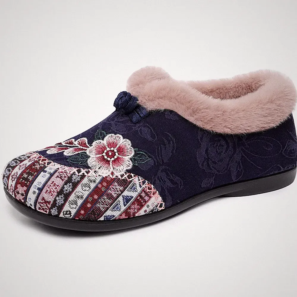 Women's Embroidered Snow Boots Winter Warm Fleece Lined Short Boots Blue Booties