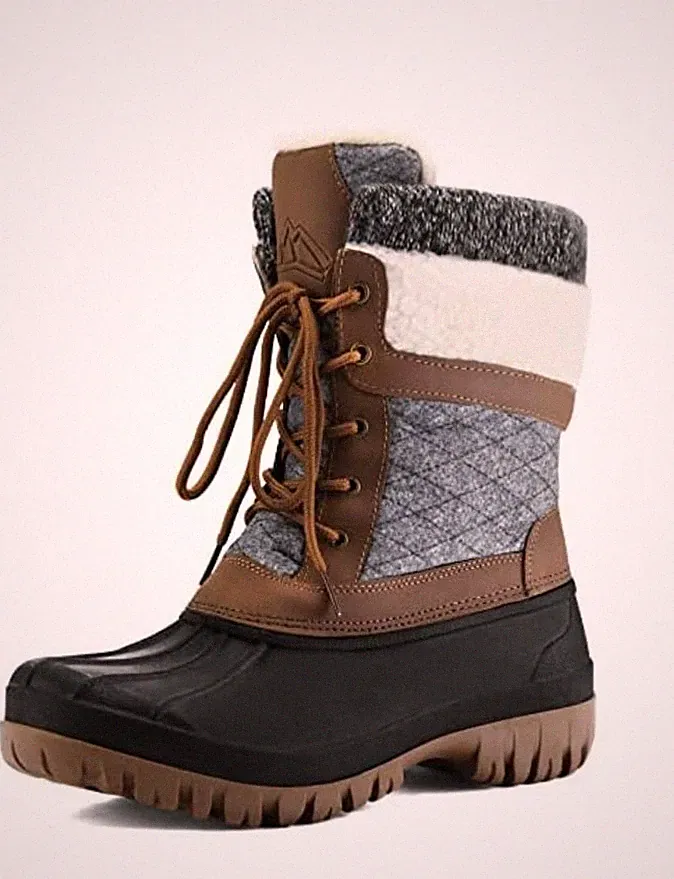 Women's Gray & Brown Insulated Lace-Up Winter Rain Boots Size 10
