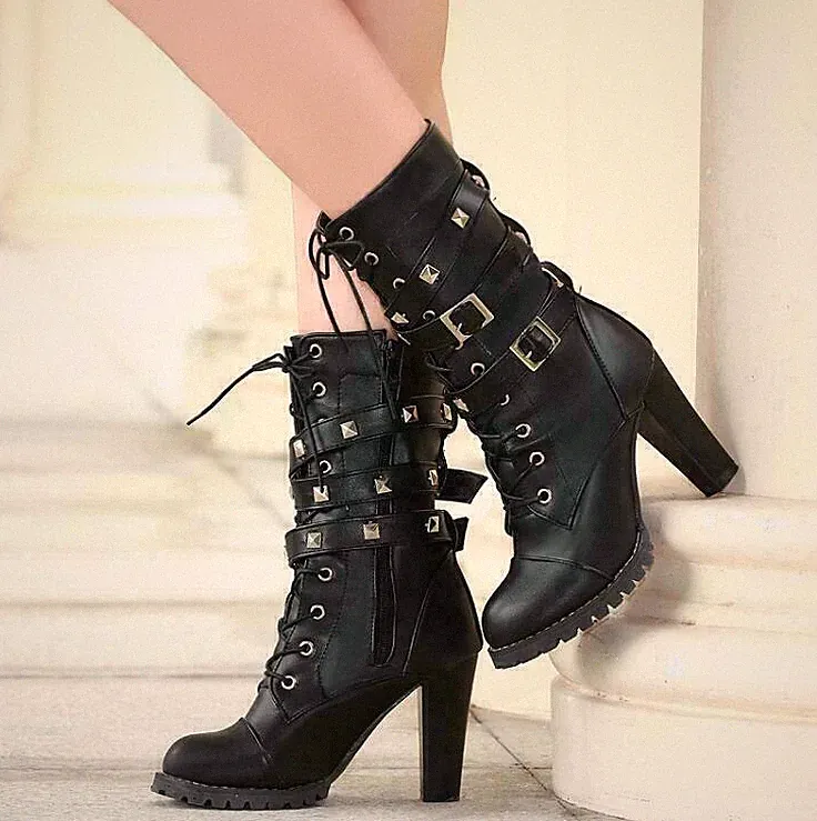 Women's High Heels Studded Mid-calf Boots Motorcycle Casual Club Riding Shoes SZ