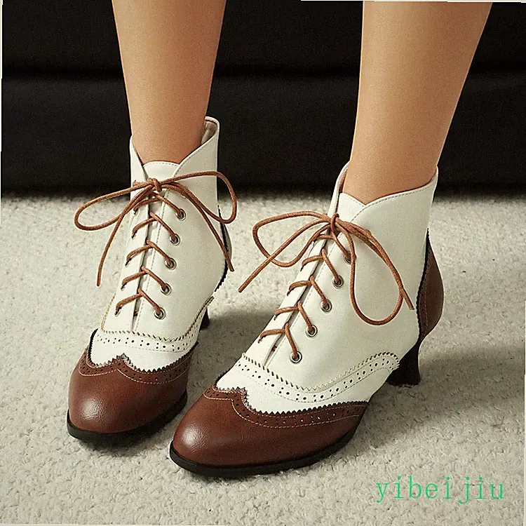 Women's Kitten Heel Colorblock Ankle Boots Wing Tip Lace Up Leather Shoes Brogue