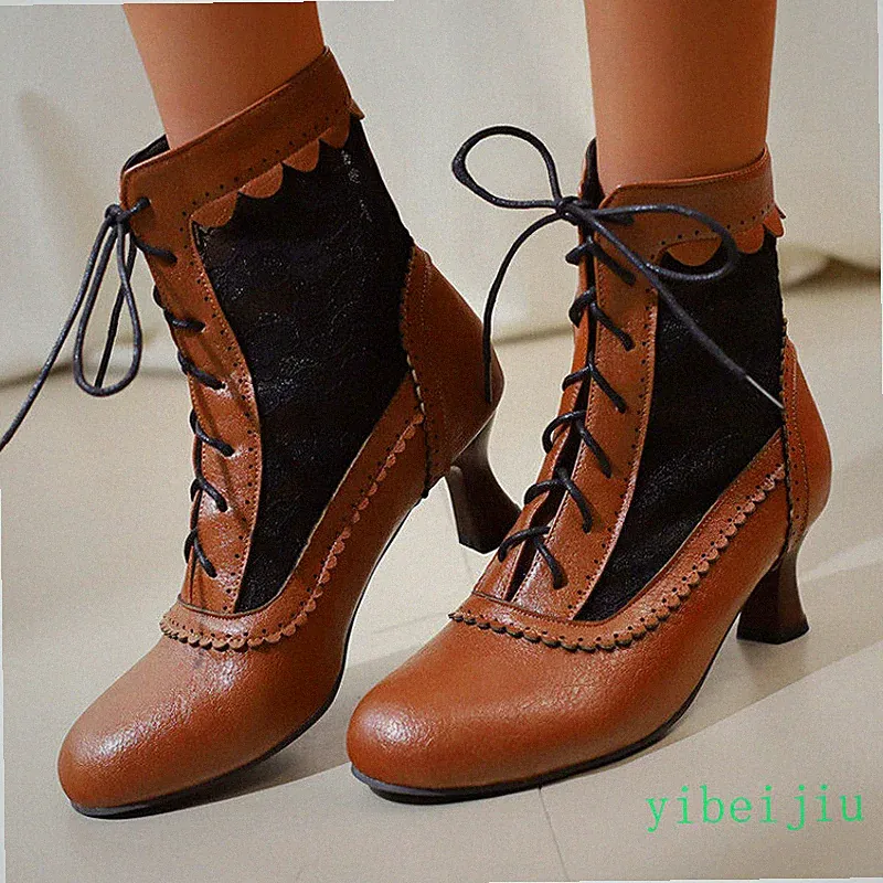 Women's Kitten Heel Lace Up Ankle Boot Wing Tip Brogue Shoes Vintage Spring Fall