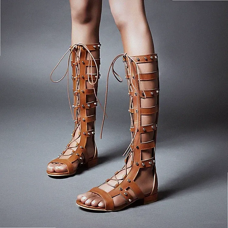 Women's Knee High Sandals Open Toe Boots Gladiator Shoes Roman Zip Occident Chic
