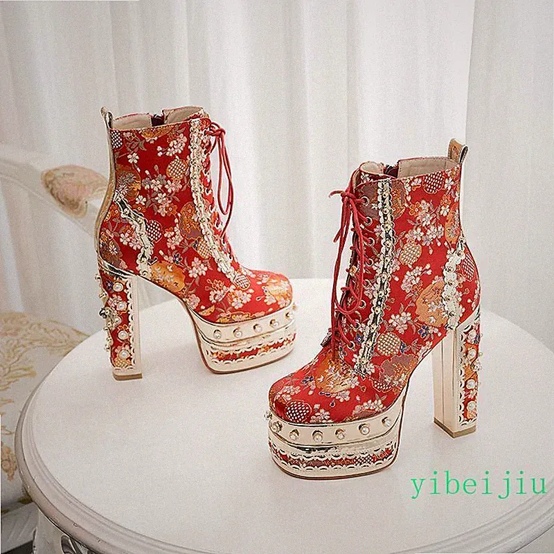 Women's Ladies Lace Up High Heel Floral Ankle Boots Evening Wedding Shoes Pumps