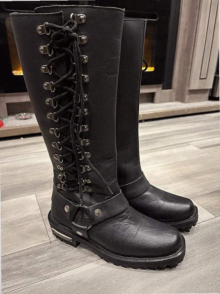 Women's Milwaukee Harnes 16" Tall Lace Zip Black Leather Motorcycle Boots Size 5