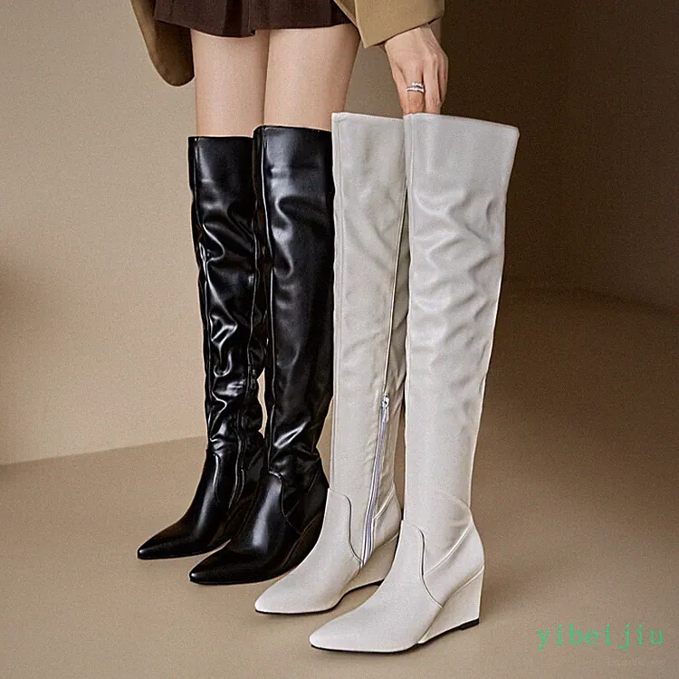 Women's Over The Knee High Boot Wedge Heel Pointed Toe Leather Shoes Casual 2025