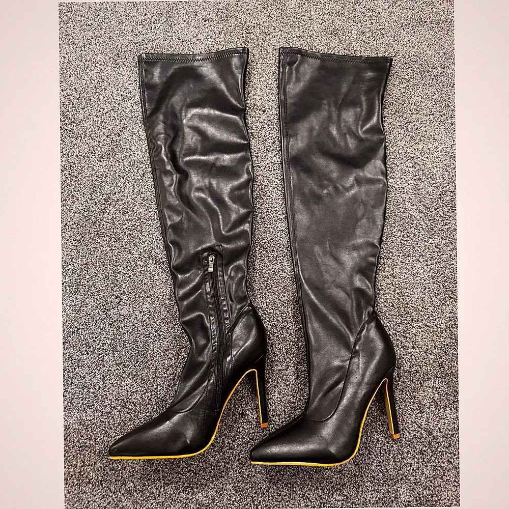 Women's Over-The-Knee Pointed Toe Stiletto Heel PU Black Boots Size 40 US 9.5